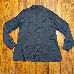 CP SHADES Women's 100% Silk‎ Pleated Blouse Black Mandarin Collar Button Up XS